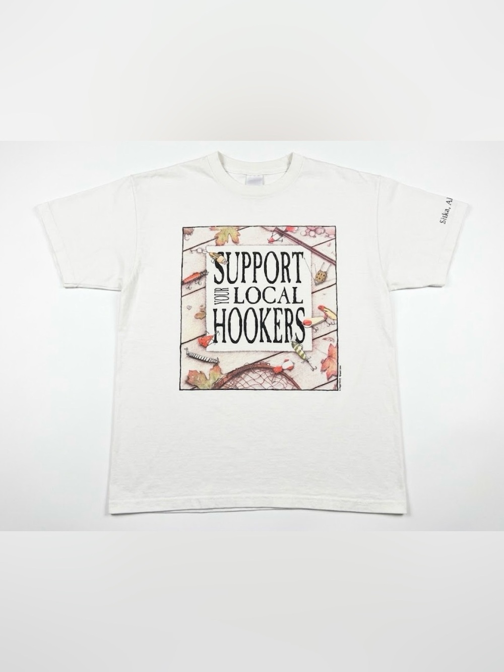 Vintage Anvil Support Your Local Hookers T-Shirt Size L Beige Fish Lure Graphic